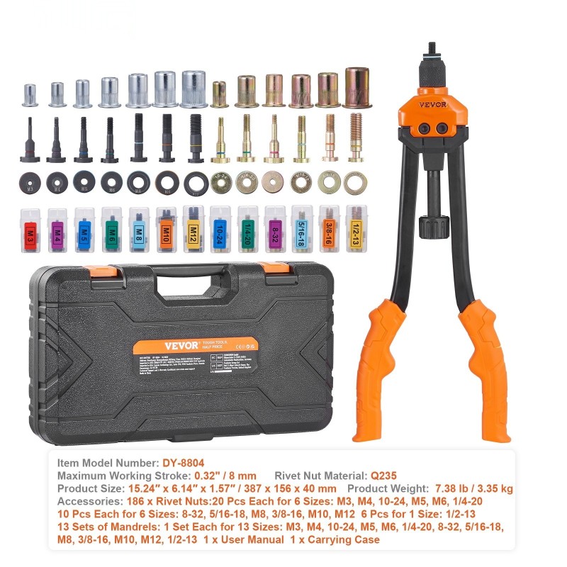 Niittimutterityökalu 40,6 senttimetriä 13 karaa 186 niittimutteria kantolaukku