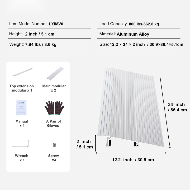 Kynnysramppi alumiiniseoksesta korkeus 5,1 senttimetriä 362,8 kilogrammaa kantavuus säädettävä modulaarinen