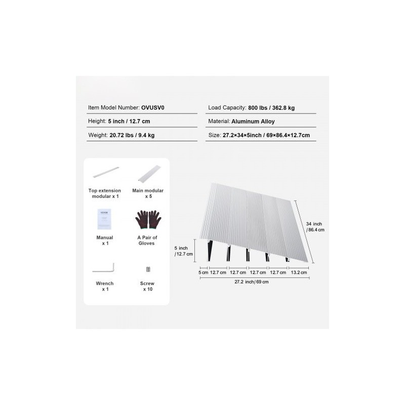 Kynnysramppi alumiininen 12,7 cm korkea 362,8 kg kantavuus modulaarinen säädettävä pyörätuoleille