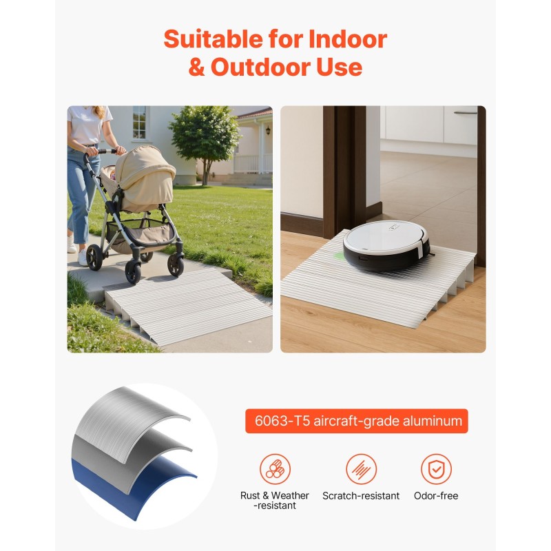 Alumiininen kynnyssilta 138 millimetriä nousu kuusi osaa 363 kilogramman kantavuus pyörätuoleille