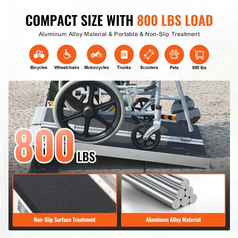 Taitettava alumiininen kynnysramppi 91,5 senttimetriä 363 kilon kantavuus liukuestopinnoitteella kantokahvalla