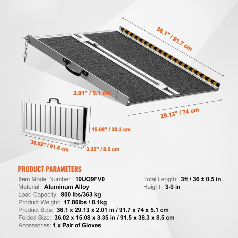Taitettava alumiininen kynnysramppi 91,5 senttimetriä 363 kilon kantavuus liukuestopinnoitteella kantokahvalla