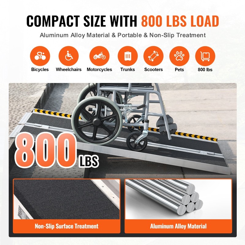 Taittuva alumiinirampi 122 cm 363 kg kantavuus pyörätuolille kynnyksille portaisiin