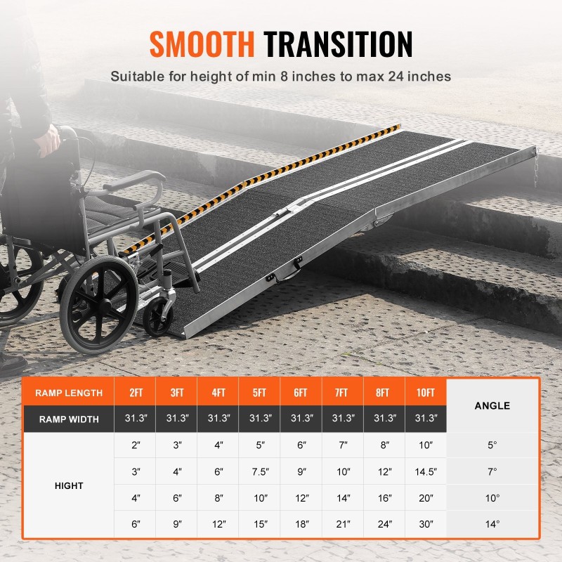 Pyörätuoliramppi taitettava alumiiniseos 243,8 cm 363 kg liukastumista estävä kodin portaisiin