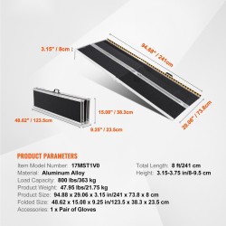 Pyörätuoliramppi taitettava alumiiniseos 243,8 cm 363 kg liukastumista estävä kodin portaisiin