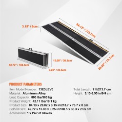 Pyörätuoliramppi taitettava alumiiniseos 213 cm kantavuus 363 kg liukuestepinnalla