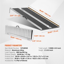 Alumiininen taittuva pyörätuoliramppi 152 senttimetriä 363 kilogramman kantavuus liukuestopinta