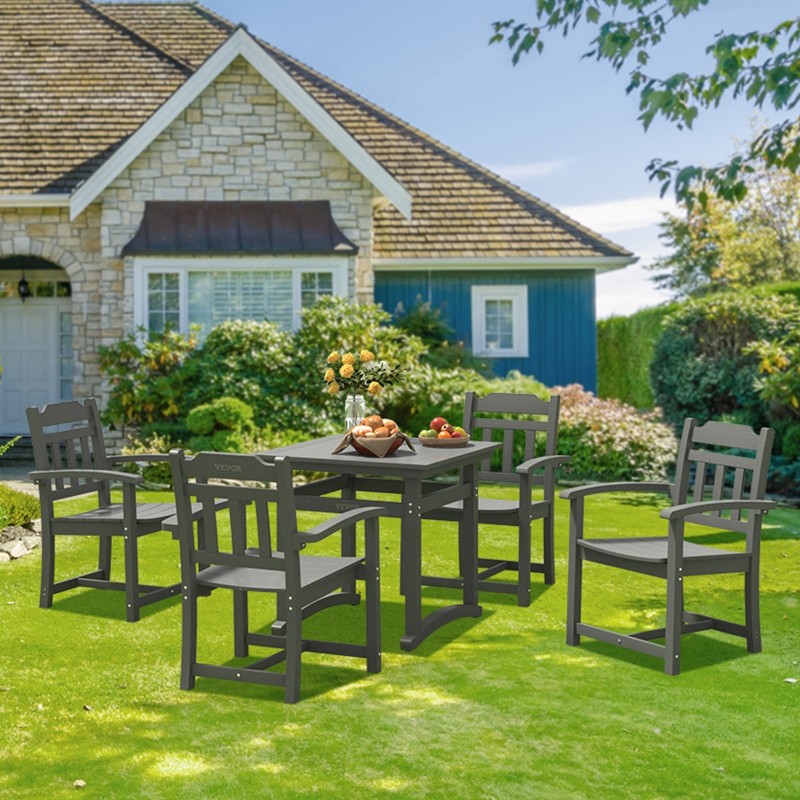 5-osainen ulkoruokailuryhmä HIPS-materiaalia säänkestävä puujäljitelmäinen neliöpöytä ja neljä tuolia vaaleanharmaa
