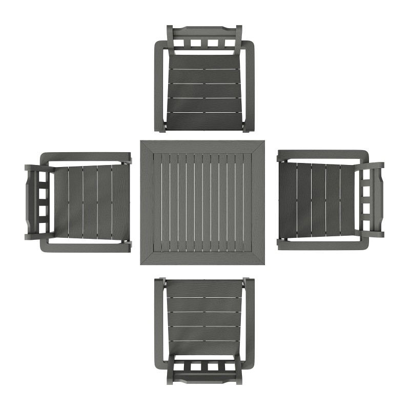 5-osainen ulkoruokailuryhmä HIPS-materiaalia säänkestävä puujäljitelmäinen neliöpöytä ja neljä tuolia vaaleanharmaa