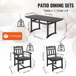 Terassiruokailuryhmä HIPS-muovi seitsemänosainen suorakaiteen pöytä kuusi tuolia musta ulkokäyttöön sopiva