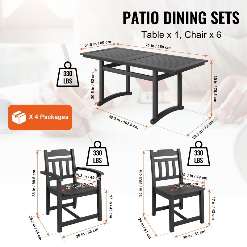 Terassiruokailuryhmä HIPS-muovi seitsemänosainen suorakaiteen pöytä kuusi tuolia musta ulkokäyttöön sopiva