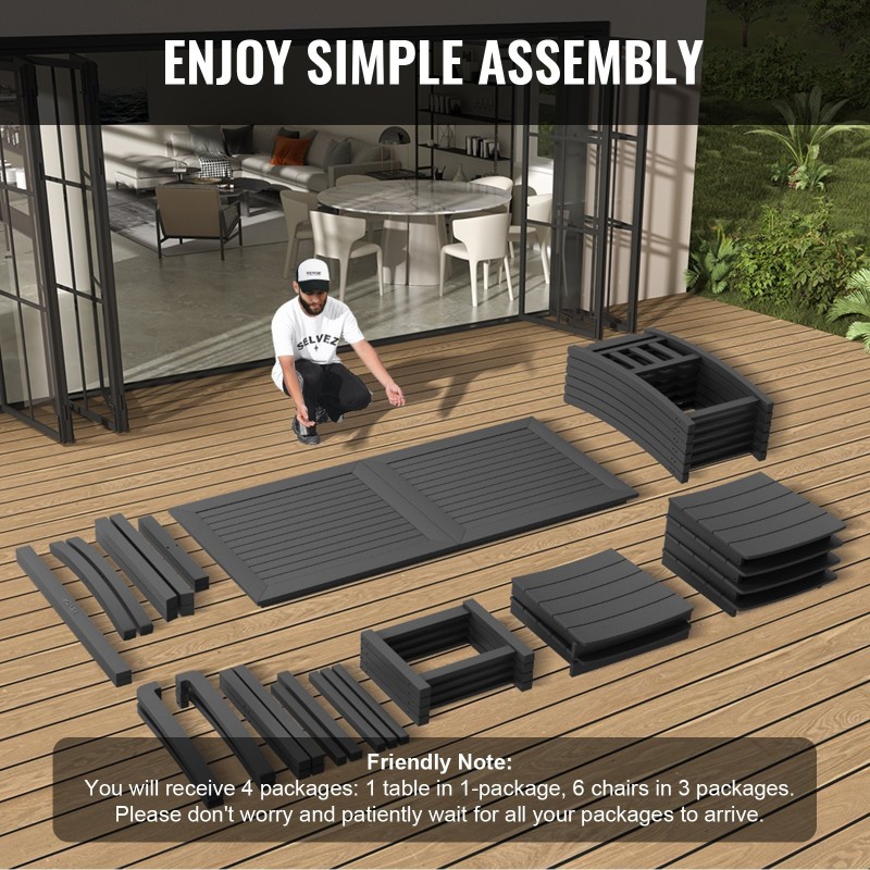 Terassiruokailuryhmä HIPS-muovi seitsemänosainen suorakaiteen pöytä kuusi tuolia musta ulkokäyttöön sopiva