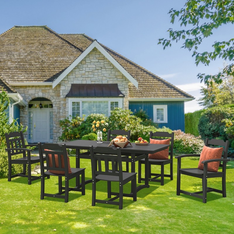 Terassiruokailuryhmä HIPS-muovi seitsemänosainen suorakaiteen pöytä kuusi tuolia musta ulkokäyttöön sopiva