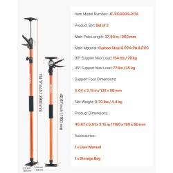 Teleskooppiset hiiliteräksiset tukipylväät 2 kappaleen sarja 116–290 cm 70 kg kaappien asennukseen