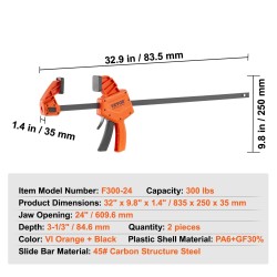 Palkkipuristimet 2 kpl 24 tuuman leuka lasikuituvahvistettu muovi hiiliteräs 300 paunaa
