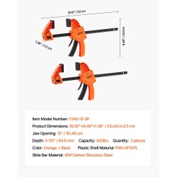 Yhden käden palkkipuristimet 2 kappaletta 30,48 cm 154 kg lasikuituvahvistettu muovikuori hiilirakenneteräs