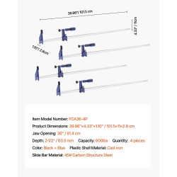 Puutyöpuristimet valurauta ja hiiliteräs 91,4 cm 4 kpl lukittavat 272 kg