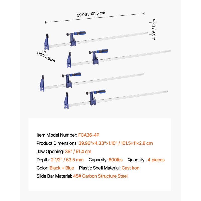 Puutyöpuristimet valurauta ja hiiliteräs 91,4 cm 4 kpl lukittavat 272 kg