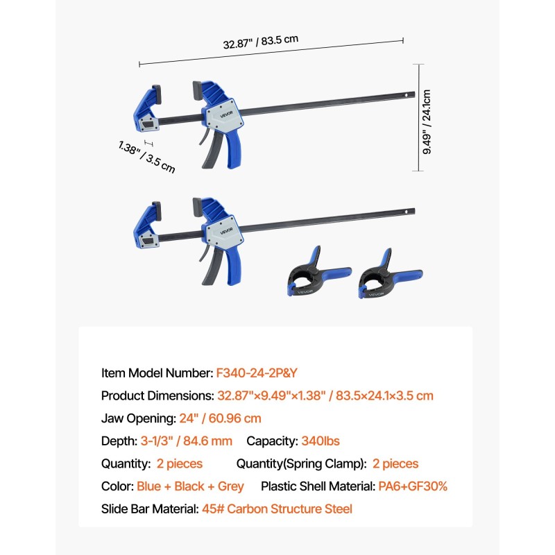 Yksikätiset puristimet muovikuori ja hiilirakenneteräs kaksi kappaletta 60,96 cm puu- ja metallityöhön