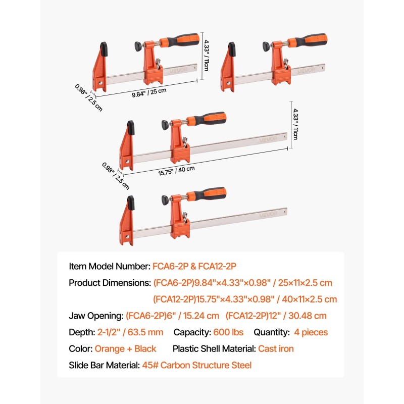 Puutyöpuristimet valurauta hiiliteräs 2x15,24 cm 2x30,48 cm 272 kg