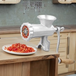 Valurautainen käsikäyttöinen lihamylly pöytäkiinnikkeellä leikkuuterällä 2 leikkuulevyä 3 makkarasuppiloa