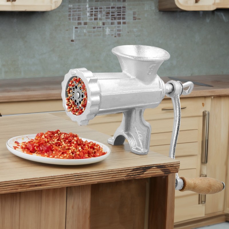 Valurautainen käsikäyttöinen lihamylly pöytäkiinnikkeellä leikkuuterällä 2 leikkuulevyä 3 makkarasuppiloa