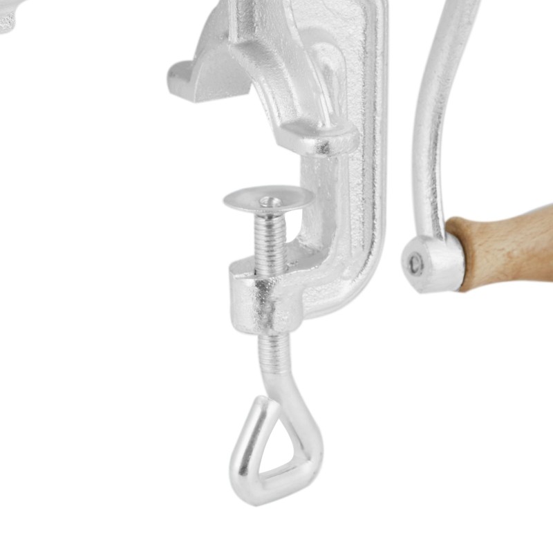 Valurautainen käsikäyttöinen lihamylly pöytäkiinnikkeellä leikkuuterällä 2 leikkuulevyä 3 makkarasuppiloa