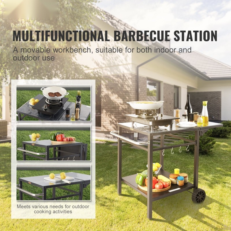 Kaksitasoinen ulkoruokakärry 550x550 mm pöytälevyllä taitettavalla sivutasolla kahdella pyörällä