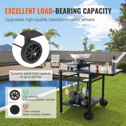 Kaksitasoinen ulkoruokakärry 550x550 mm pöytälevyllä taitettavalla sivutasolla kahdella pyörällä