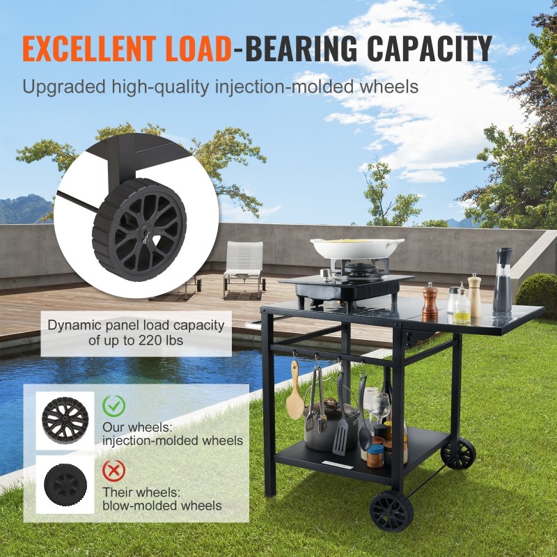 Kaksitasoinen ulkoruokakärry 550x550 mm pöytälevyllä taitettavalla sivutasolla kahdella pyörällä