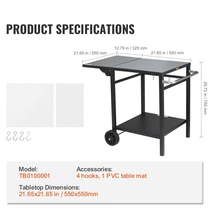 Kaksitasoinen ulkoruokakärry 550x550 mm pöytälevyllä taitettavalla sivutasolla kahdella pyörällä