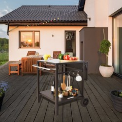 Kaksitasoinen ulkoruokakärry 550x550 mm pöytälevyllä taitettavalla sivutasolla kahdella pyörällä