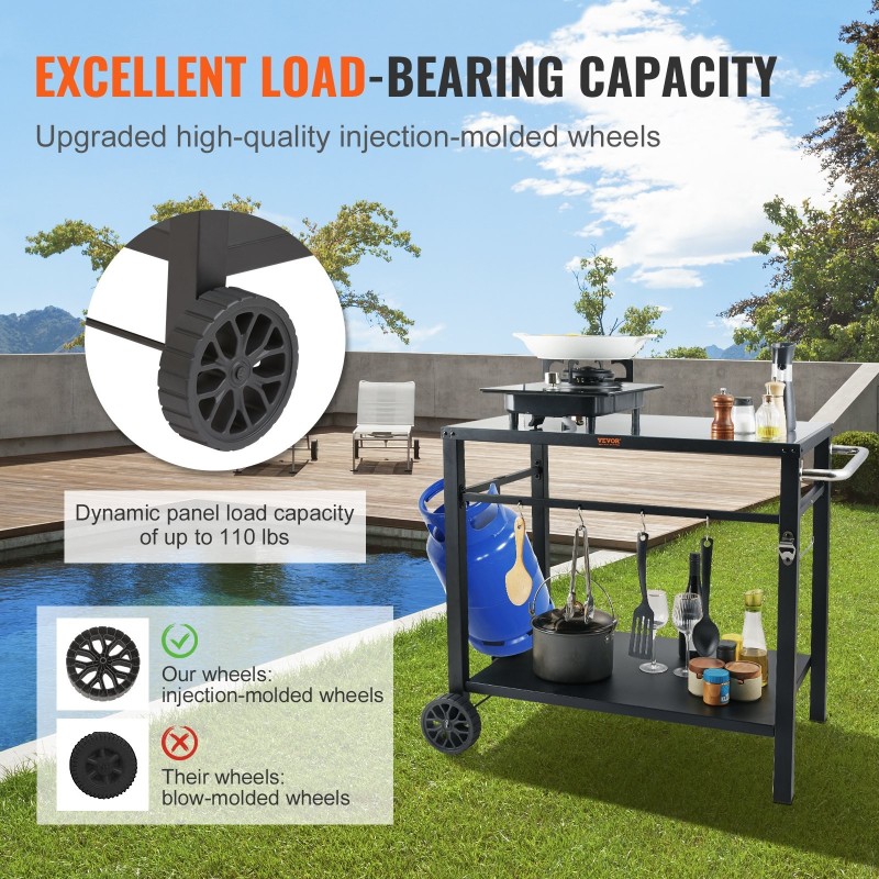 Kaksitasoinen ulkogrilli ja tarjoiluvaunu kestävä runko 1000×640×835 mm kaksi pyörää kantokahva