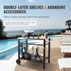 Ulkogrillauskärry ruostumattomasta teräksestä kaksitasoinen hylly pyörillä kantokahvalla