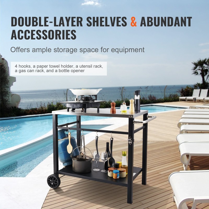 Ulkogrillauskärry ruostumattomasta teräksestä kaksitasoinen hylly pyörillä kantokahvalla