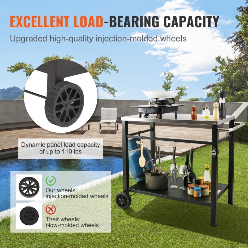 Ulkogrillauskärry ruostumattomasta teräksestä kaksitasoinen hylly pyörillä kantokahvalla