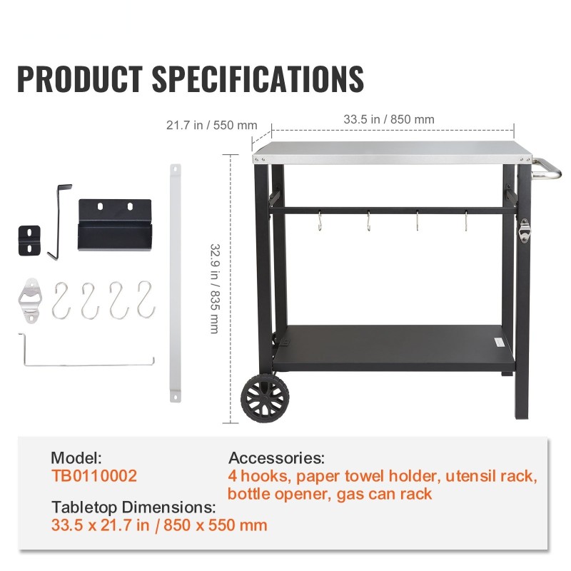 Ulkogrillauskärry ruostumattomasta teräksestä kaksitasoinen hylly pyörillä kantokahvalla