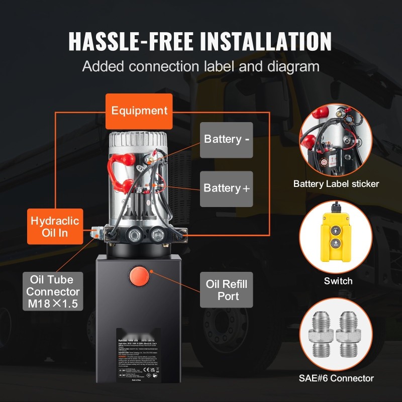 Kaksitoiminen hydraulipumppu 12 V 1,6 kW 5,7 l terässäiliö kippiperävaunuille