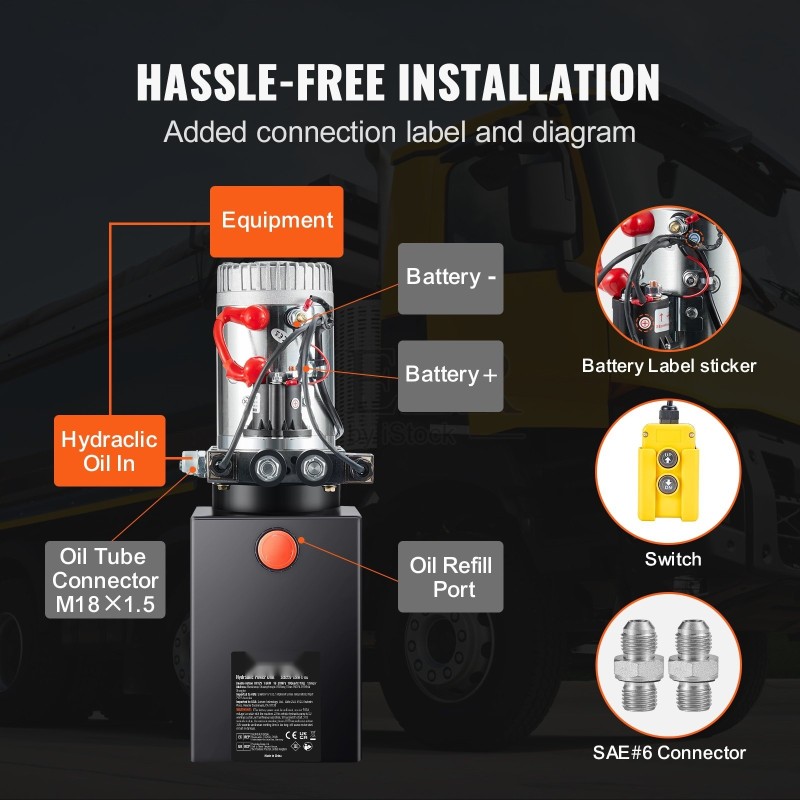 Kaksitoiminen hydrauliikkapumppu teräs 12 V 1,6 kW kippiperävaunuun