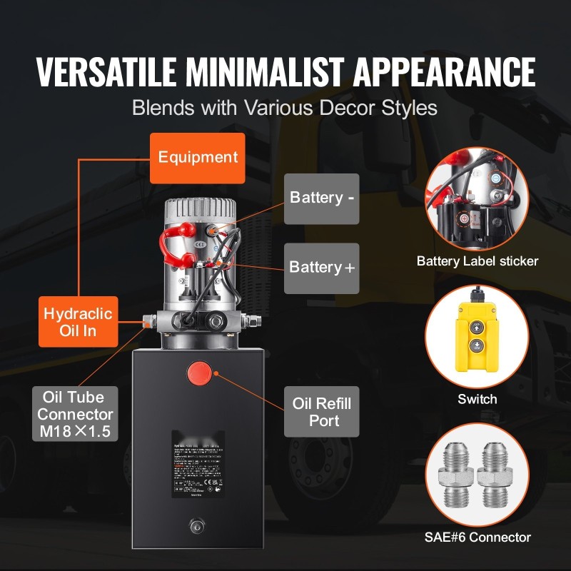 Yksitoiminen 12 voltin hydrauliikkayksikkö 20 litran teräsäiliöllä 1,6 kilowatin teho 3200 psi