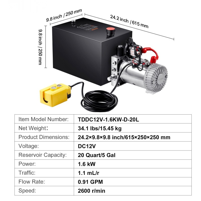 Yksitoiminen 12 voltin hydrauliikkayksikkö 20 litran teräsäiliöllä 1,6 kilowatin teho 3200 psi