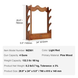 Puinen seinäteline mäntypuusta neljälle aseelle kuudenkymmenen kilogramman kantavuus pehmustetut urat