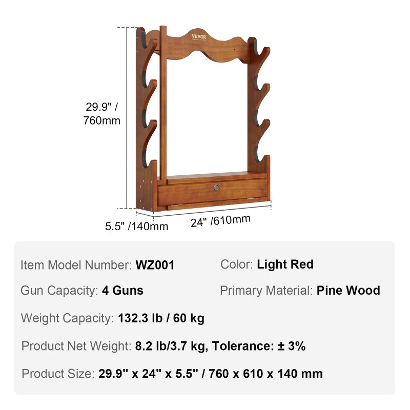Puinen seinäteline mäntypuusta neljälle aseelle kuudenkymmenen kilogramman kantavuus pehmustetut urat