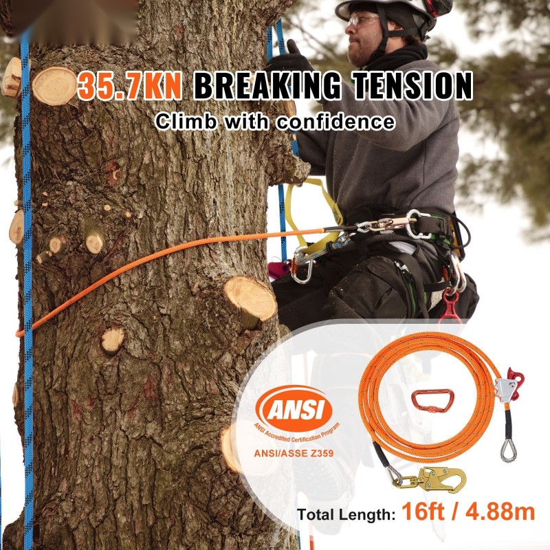 Terässydänköysi 12,7 mm 4,88 m puun kiipeilyyn polyesteripunos lukittava karabiini kääntyvä koukku
