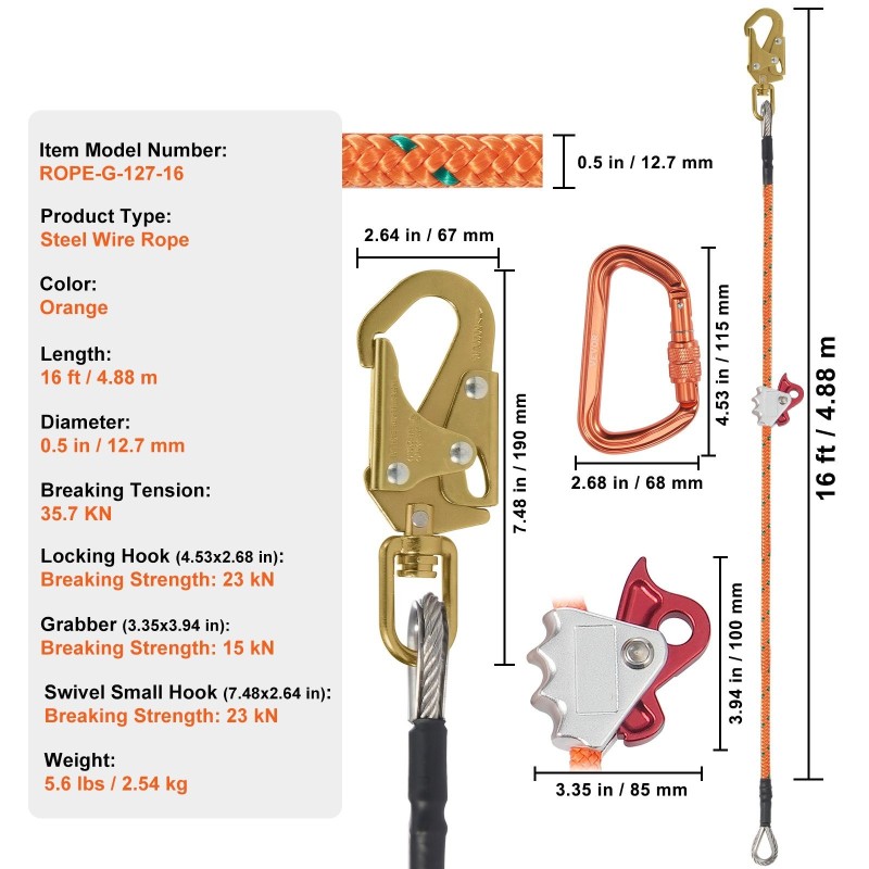 Terässydänköysi 12,7 mm 4,88 m puun kiipeilyyn polyesteripunos lukittava karabiini kääntyvä koukku