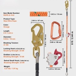Teräsytiminen arboristiköysi 16 mm 2,44 m puunhoitoon alumiinikarabiinilla työkaluvarmistimella