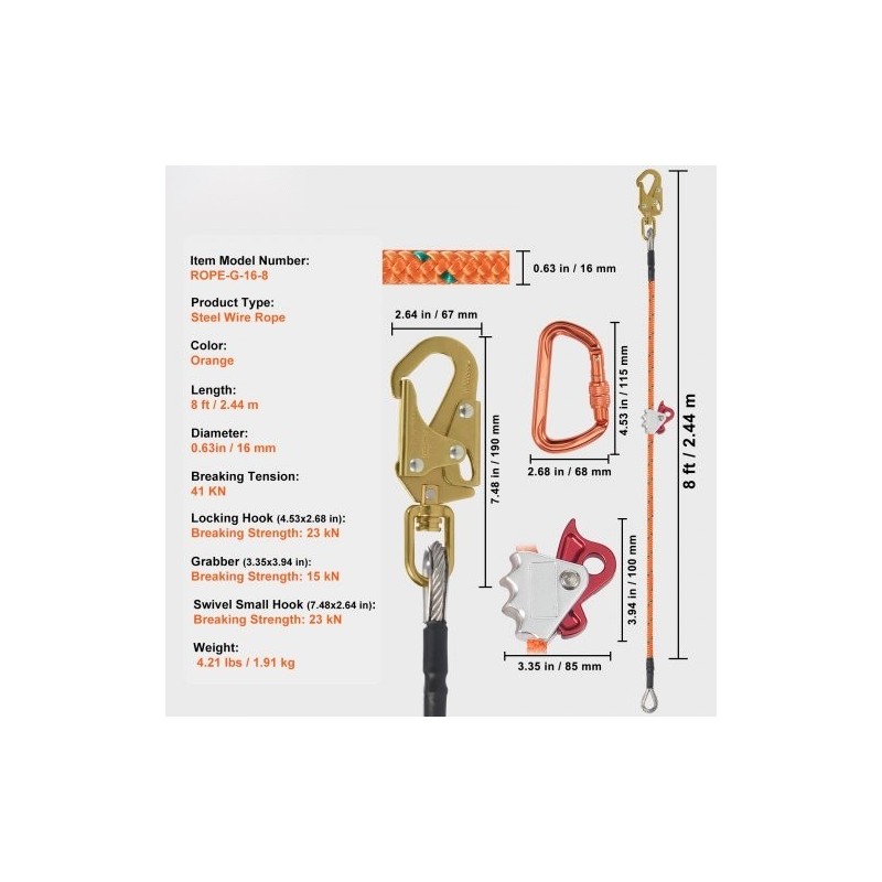Teräsytiminen arboristiköysi 16 mm 2,44 m puunhoitoon alumiinikarabiinilla työkaluvarmistimella