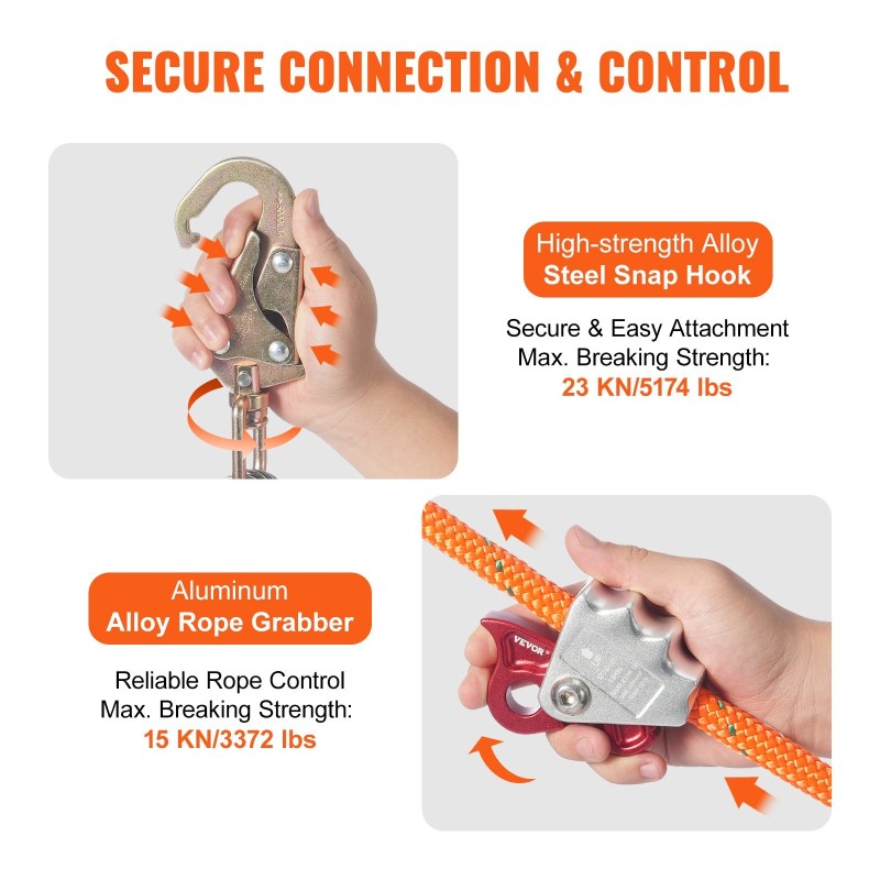 Teräsvahvistettu kiipeilyköysi 16 mm 3,66 m työkalunauhalla ja lukittavalla alumiinikarabinerilla