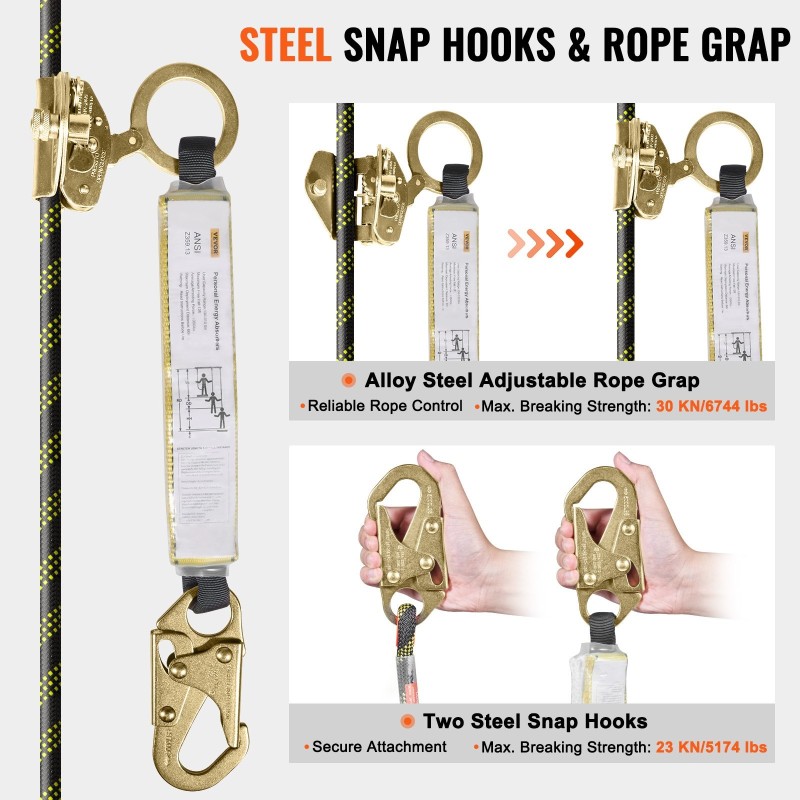 Pystysuuntainen polyesteriturvaköysi 45,7 m 14 mm 30 kN teräksisillä pikalukoilla ja köysilukolla