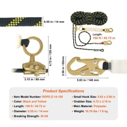 Pystysuuntainen polyesteriturvaköysi 45,7 m 14 mm 30 kN teräksisillä pikalukoilla ja köysilukolla